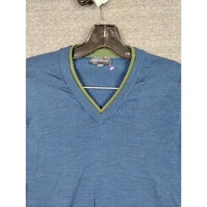 John Smedley Mens L Sweater Dark Blue Green V Neck 100% Merino Wool Academia